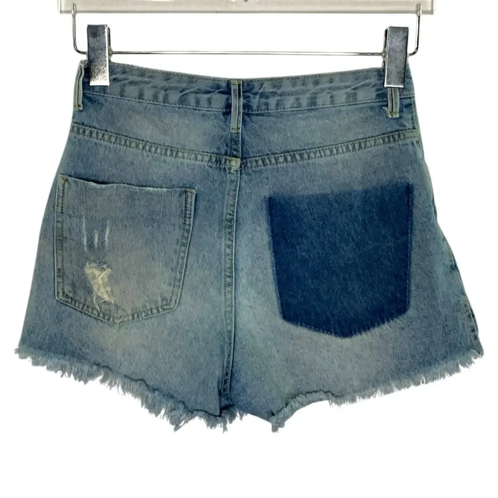 Farm Rio S Womens Distressed Cut Off Denim Short One Back Pocket Boho Coastal